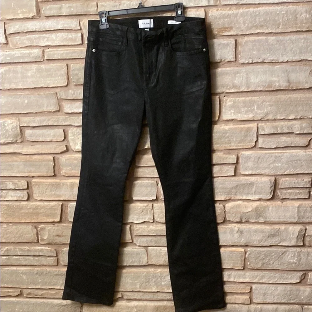 Frame Le Mini Boot in Noir Coated Black Bootcut Stretch Jeans 32 - Picture 4 of 15